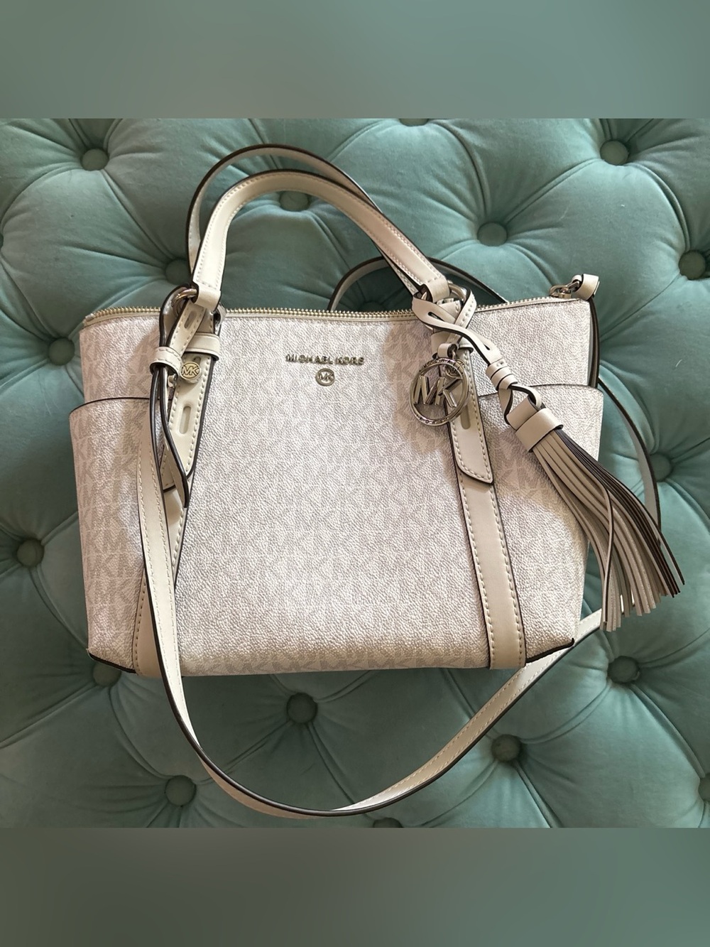 Michael Kors white and silver crossbody Logo Satchel with Tassel Charm